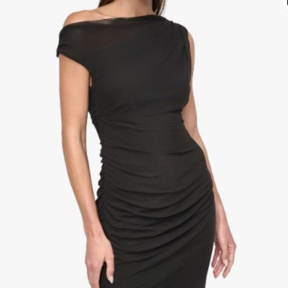 NWT DKNY Women's One Shoulder Asymmetric Neck Side Slit Bodycon Midi Dress Sz 14 - Picture 1 of 13